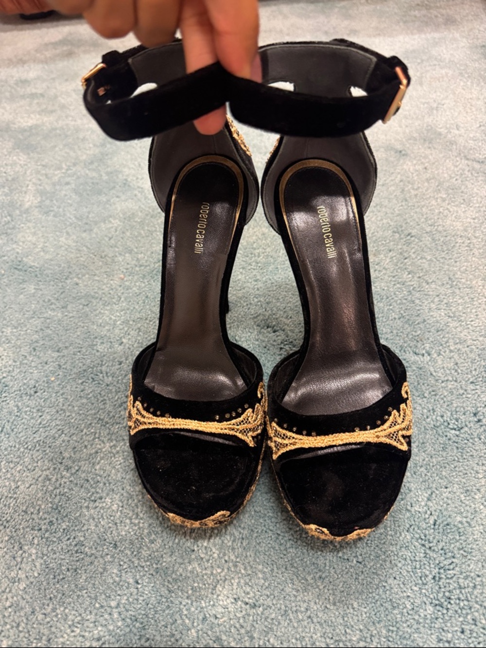 Roberto Cavalli Black Velvet Ankle-Strap Platform Sandals with Gold Embroidery